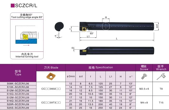 

Inner Hole Turning S10K/S12M/S16Q-SCZCR06 S20R-SCZCR09 S25S-SCZCR12 Cutting angle 93 Internal Lathe Turning Holder no Insert