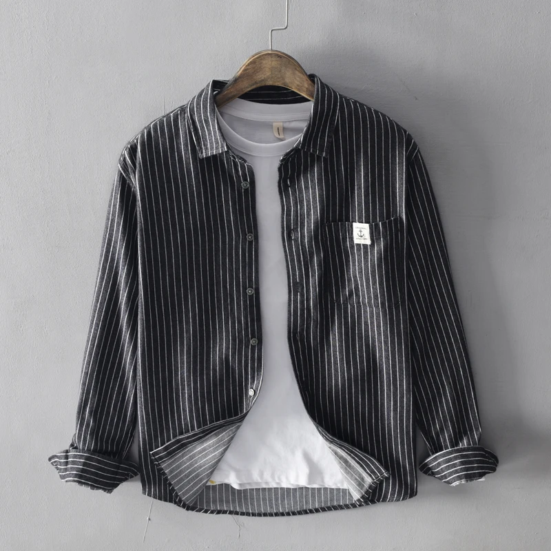 Мужская винтажная рубашка в полоску Повседневная деловая из 100% хлопка с длинным