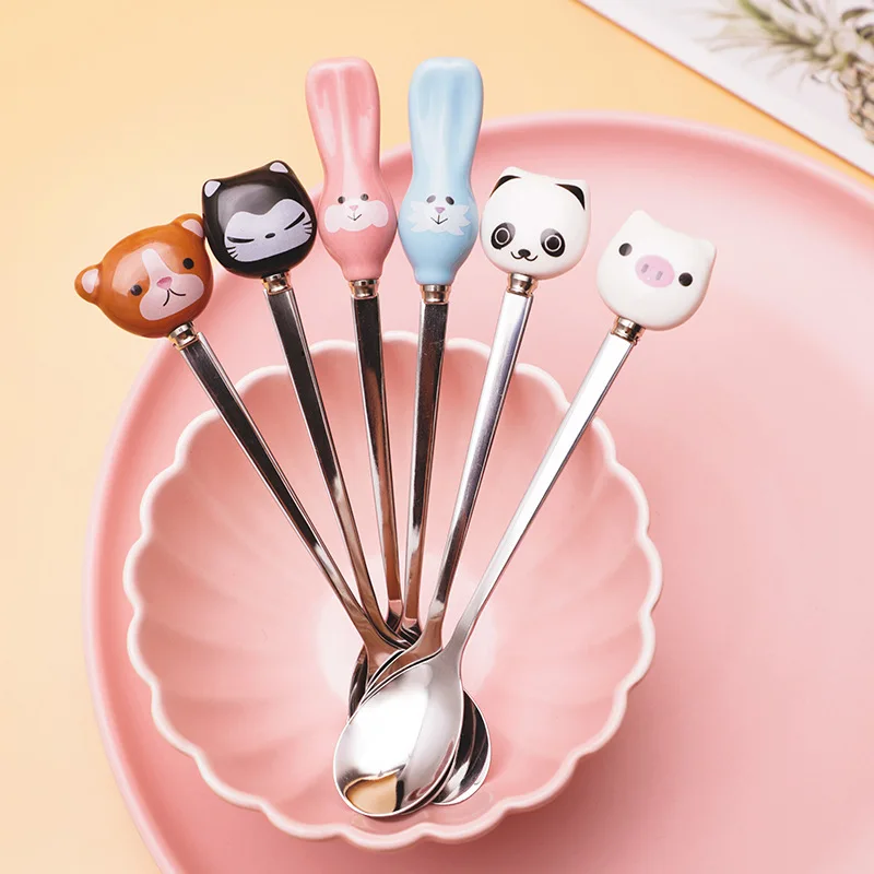 Милая мультяшная ложка для кофе и чая с животными кошкой пандой Кроликом