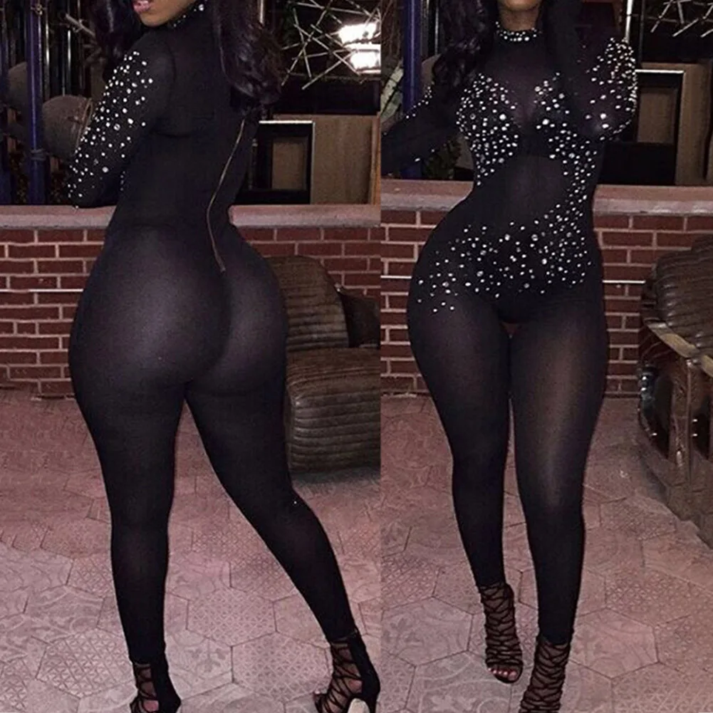 New Sexy Night Party Club Women Black Lace Sheer Mesh Jumpsuit Casual Rhinestone Long Sleeve Bodycon Rompers Female Overalls