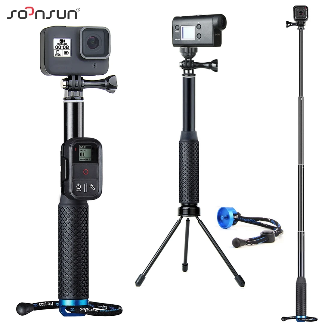 

SOONSUN Aluminum Extendable Diving Monopod Pole Stick with 1/4'' Tripod Mount Adapter + Remote Clip for GoPro Hero 9/8/7/6/5/4/3