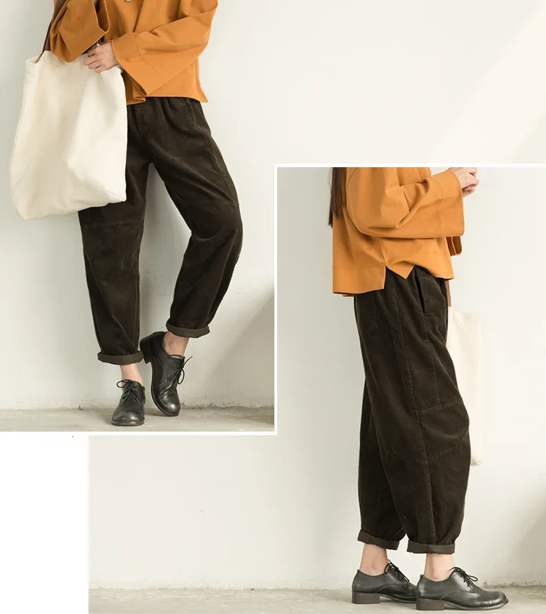 NINI WONDERLAND Corduroy Harem Pants Woman Autumn Low Crotch Ankle Length Pants Elastic Waist Female Loose Trousers Casual