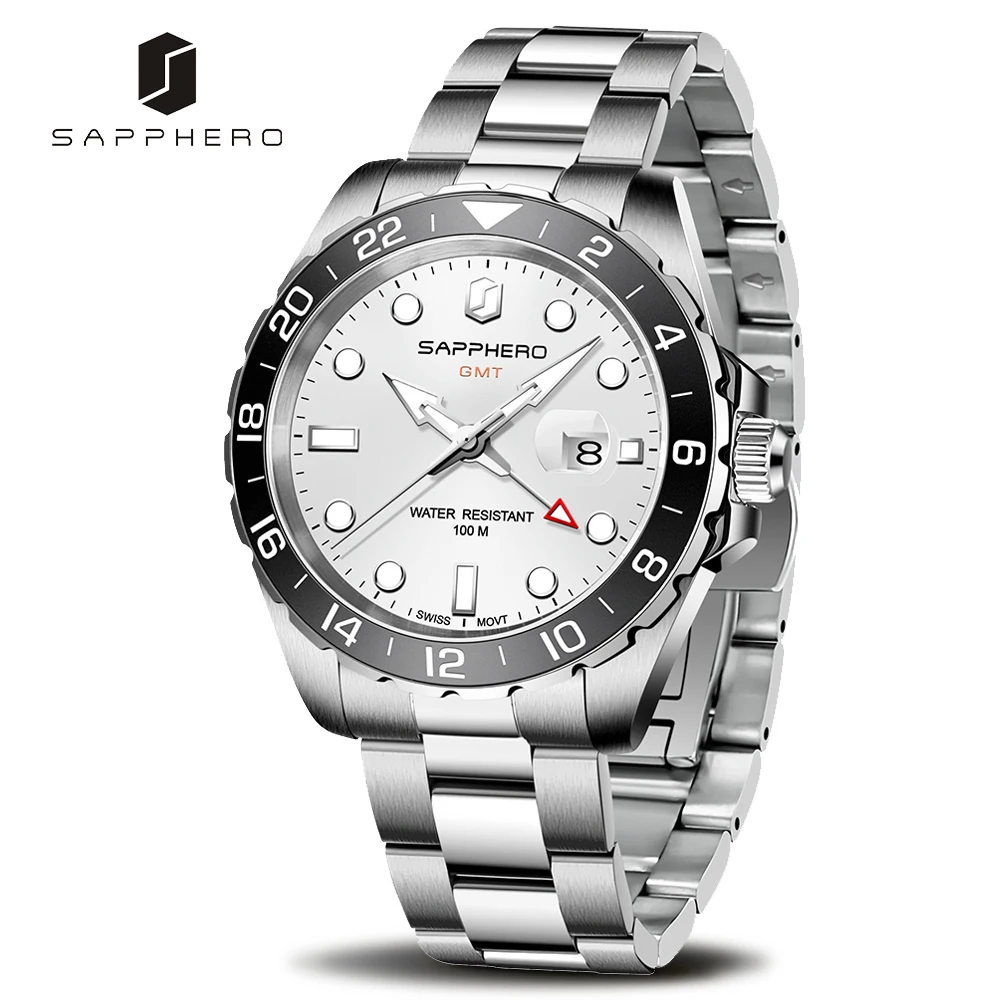 

SAPPHERO мужские часы GMT многофункциональные 100 водонепроницаемые из нержавеющей стали чехол Swiss кварцевые кинетические часы Роскошные мужские...