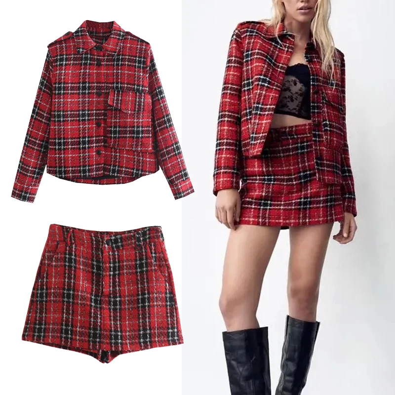 

TRAF Za 2021 Woman Suits Textured Cropped Shirt Coat Woman Casual Textured Mini Culottes Women Autumn Fashion Suit