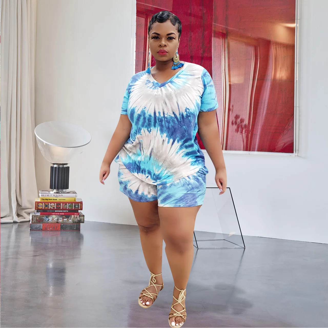 Размера плюс вареный из 2 предметов комплект с шортами для женщин Одежда отдыха