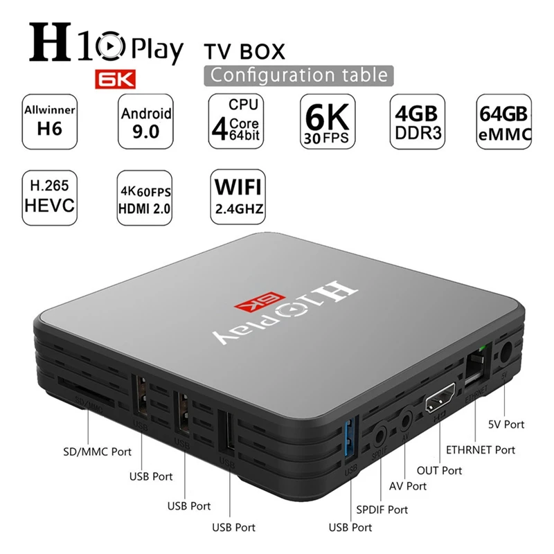 H10 PLAY Android 9 0 Смарт ТВ-бокс Allwinner H6 2 4G WiFi 4 Гб RAM 64 ROM телеприставка USB3.0 H.265 6K