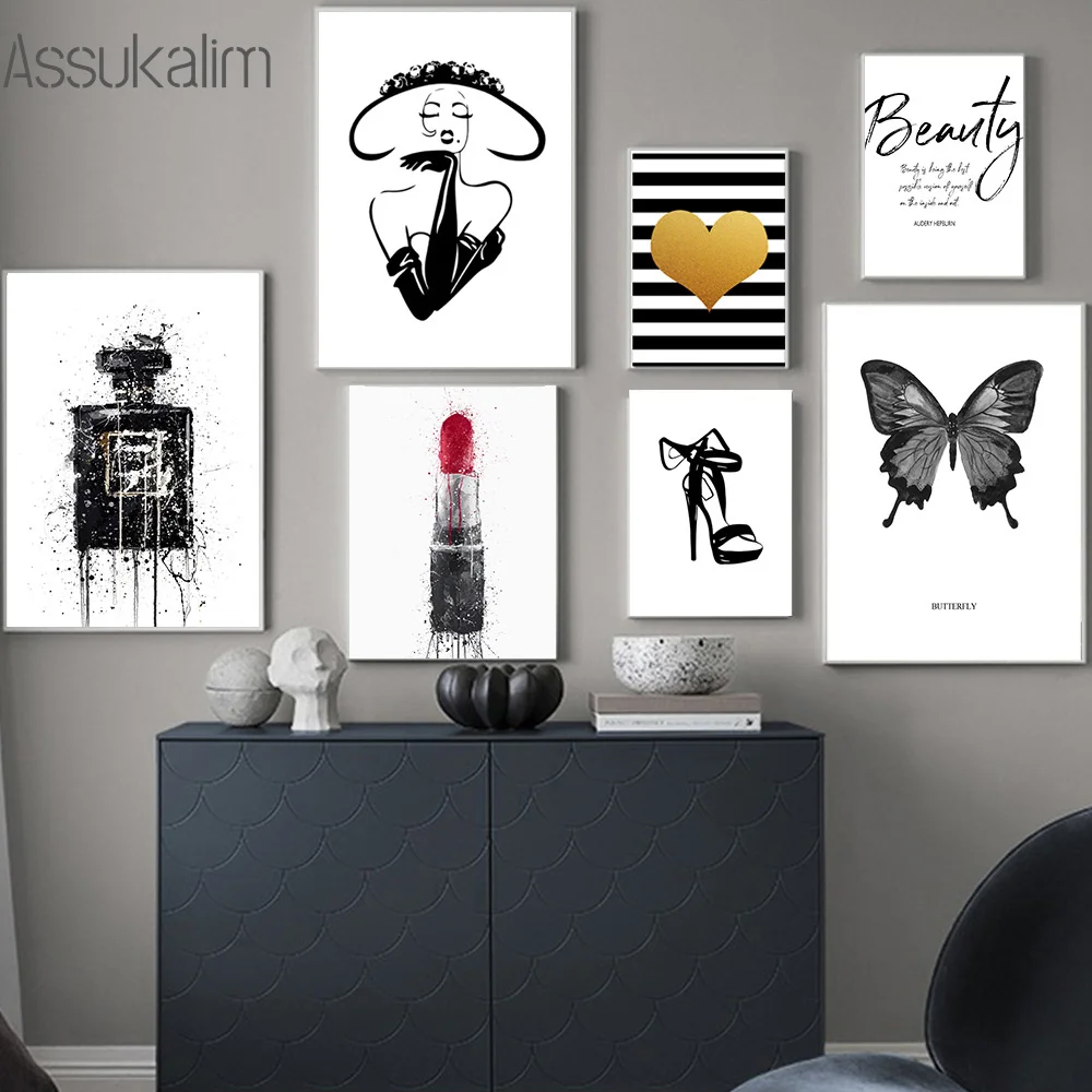 

Abstract Fashion Wall Art Painting Sexy Line Woman Wall Print High Heels Lipstick Perfume Prints Nordic Wall Pictures Home Decor