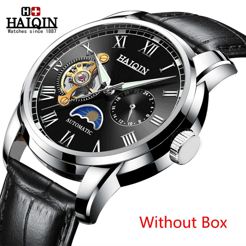 Silver Black No Box HAIQIN водонепроницаемые мужские часы с скелетом из нержавеющей стали, роскошные брендовые прозрачные механические Спортивные мужские наручные часы - Цвет: Silver Black No Box