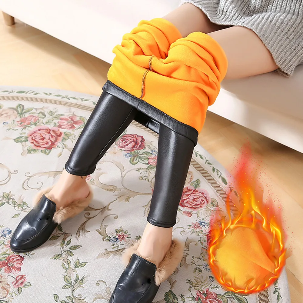 2019 популярные зимние леггинсы утепленные бархатные черные кожаные обтягивающие