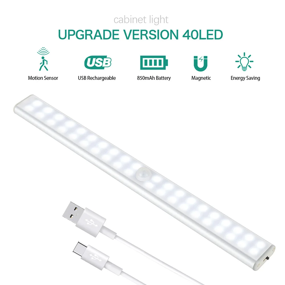 cabinet light closets pir motion sensor lamp 24 40 60 led usb rechargeable kitchen lights for cupboard wardrobe room free global shipping