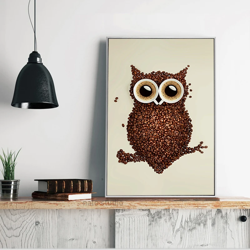 Современный домашний декор Настенная картина кофейные зерна и сова маслом