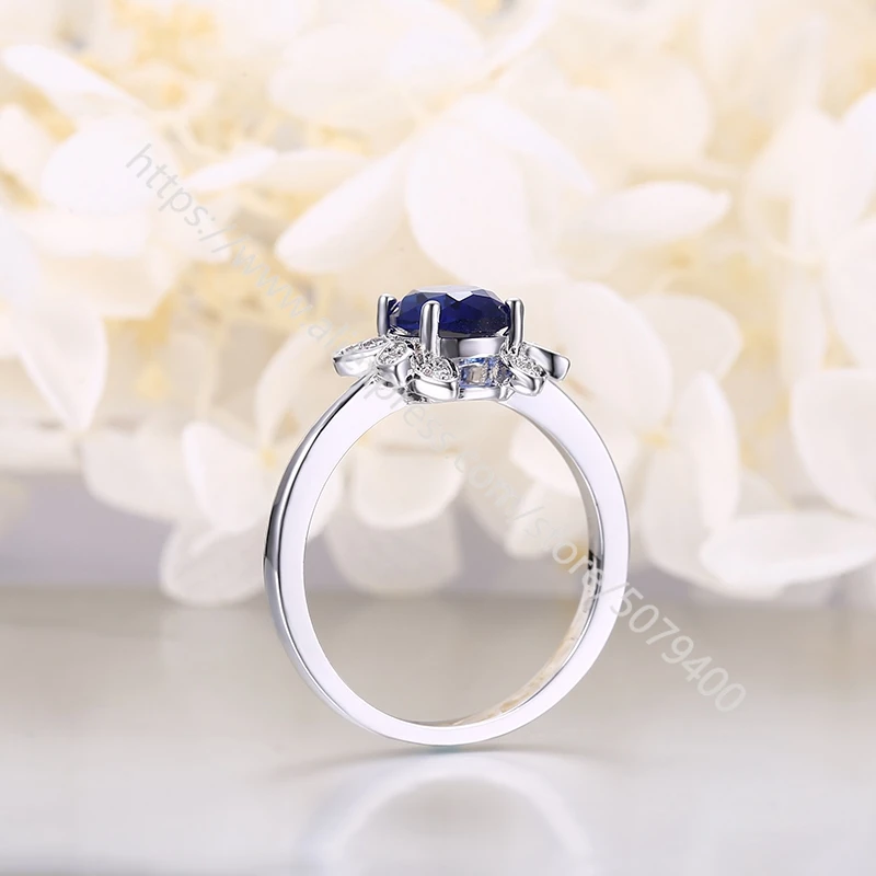 

blue sapphires CZ engagement ring zirconia stone halo solid white gold-plated bridal ring promise jewelry