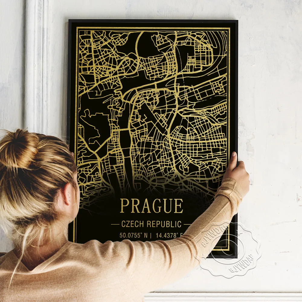 Чехия Прага черно-Золотая карта изображения постер география расположение