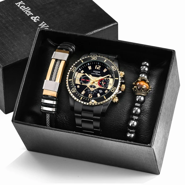 Мужские кварцевые часы с бусинами, черно-золотистые часы с браслетом, подарочный набор, Роскошные мужские часы, мужские часы, подарок для мужа, часы, браслет, набор