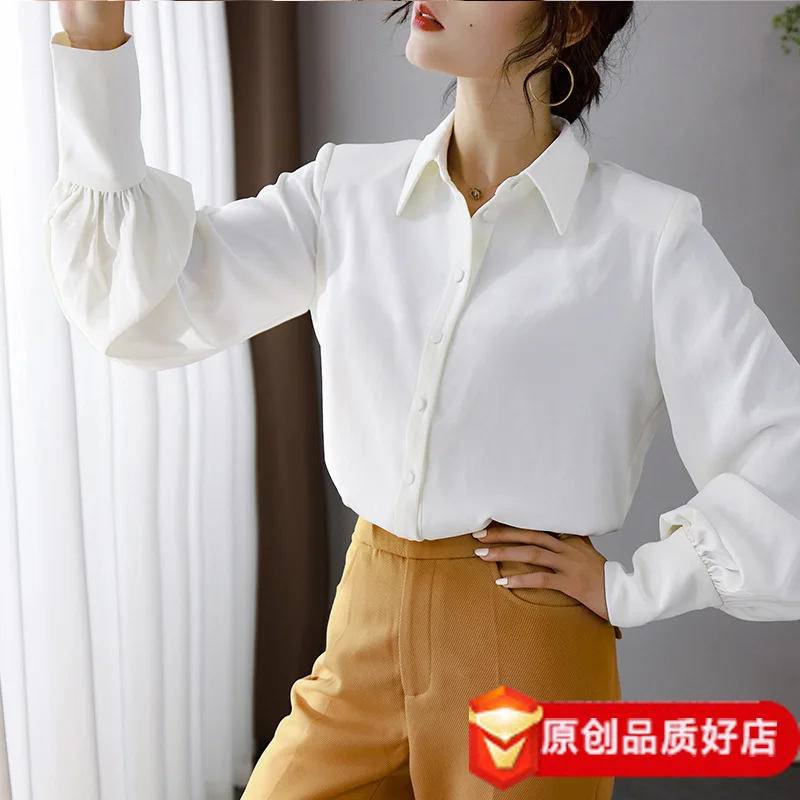 

white mulberry women silk blouse high quality long lantern sleeve oversize fashion casual office dress shirts cloth dropship