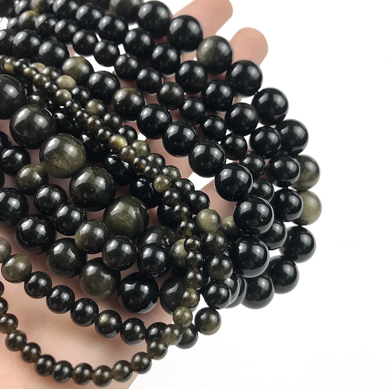 RBFHYER Gold Obsiblie Natural Stone beads Black Round Loose 4 6 8 10 12mm DIY necklace Bracelets Jewelry Making Finding | Украшения и