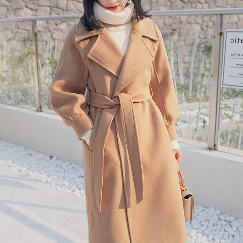 

New Elegant Turn-down Collar Loose 2020 Winter Long Outerwear Coats Woolen Overcoat Woll Office Woman Femme Hiver Wool Blends