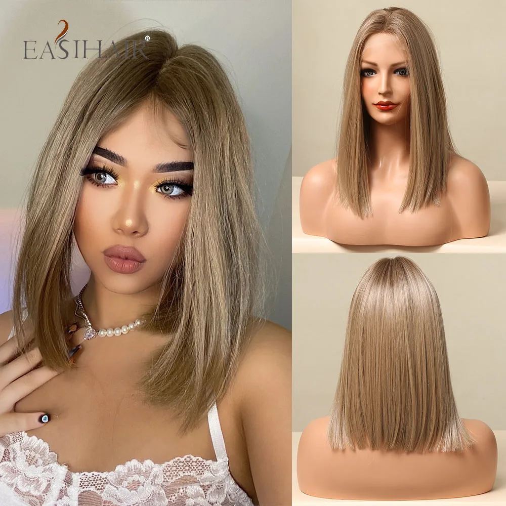 EASIHAIR Medium Bob Synthetic Wig Golden Blonde Straight Lace Front Wigs for Women Middle Part High Density Heat Resistant Hair