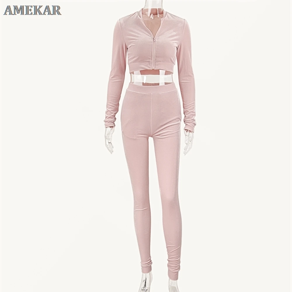 

Winter Velvet Crop Jacket and Tracksuit Joggers Two Piece Set with Diamante Rhinestones Jogging Suits for Women