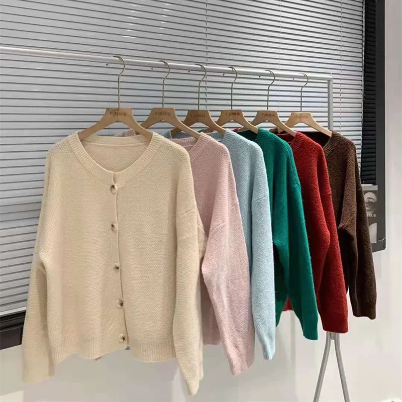 

Autumn Casual long-sleeved cardigan sweater women's 2021 new O neck solid color wild Vintage loose knit Cardigans sweater coat