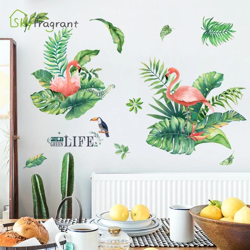 

Creative Plant Flamingo Wall Stickers For Living Rooms Background Wall Decorations Bedroom Home Decoration Self Adhesive Sticker