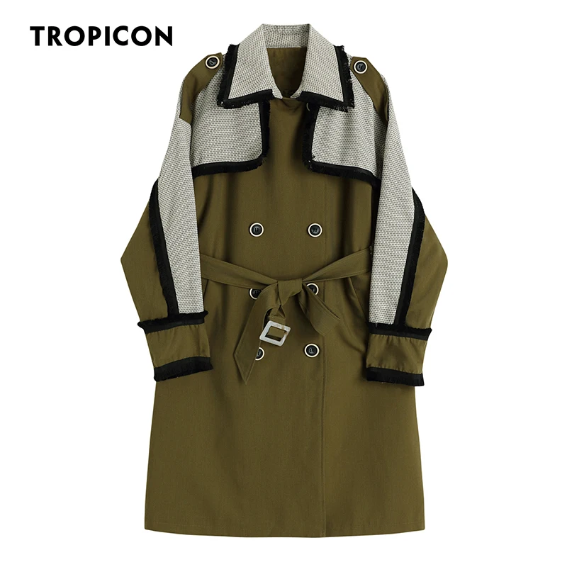 TROPICON British Style Green Fringe Winter Trench Coat For Women Long Cape Coats And Jackets Windbreaker Belted Coat 2021