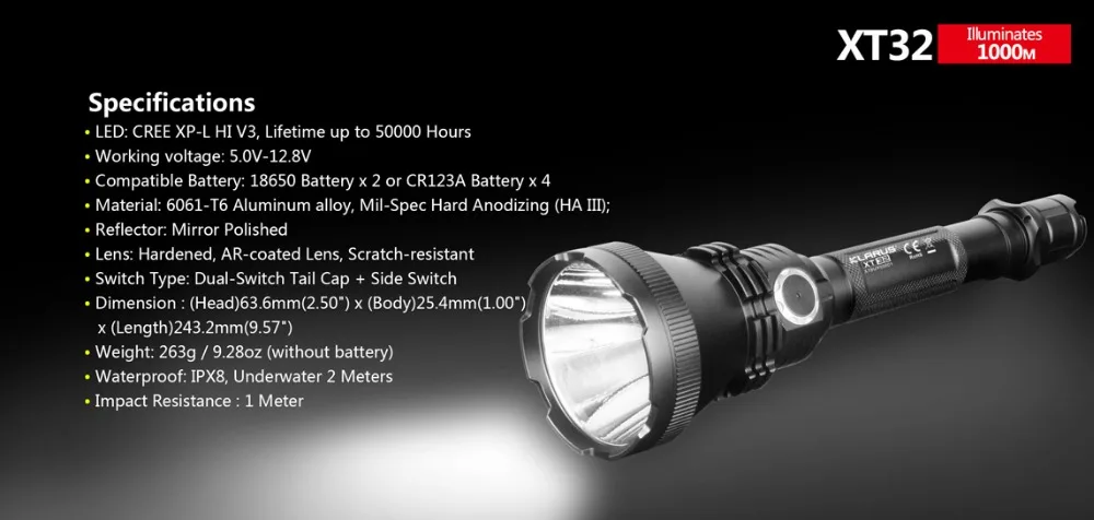 Кларус XT32 светодиодный фонарик CREE XP L HI V3 1200lm луч расстоянии 1000 м тактический