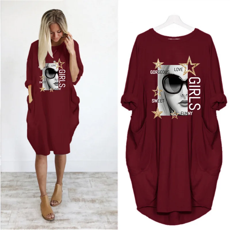 

New 2020 Women Dress Beautiful Girl Vintage Print Long Sleeve Loose Casual O Neck Pocket Plus Size 5XL Woman Dress Vestidos Robe