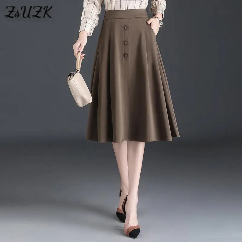 

Spring Fall Women High Waist A-Line Skirt Office Lady Slmple Elegant Big Swing Mid-long Skirt Casual Black Skirts