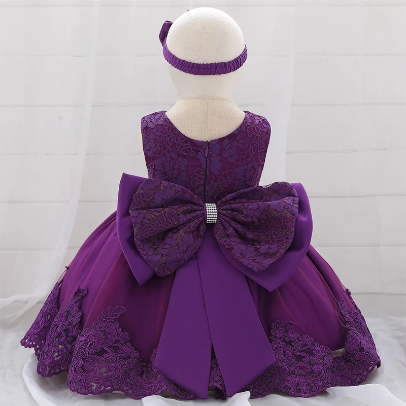 Dark purple Платье с большим бантом и цветочным узором для девочек платье для новорожденных бальное платье принцессы для девочек платье для причастия крещение vestido - Цвет: Dark purple