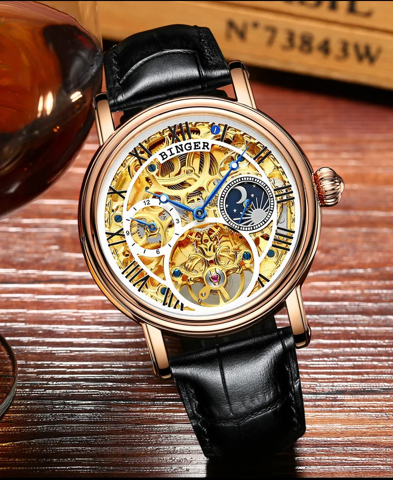 Швейцария БИНГЕР часы для мужчин люксовый бренд Tourbillon Relogio Masculino водостойкие Скелет механические часы B-1171-3