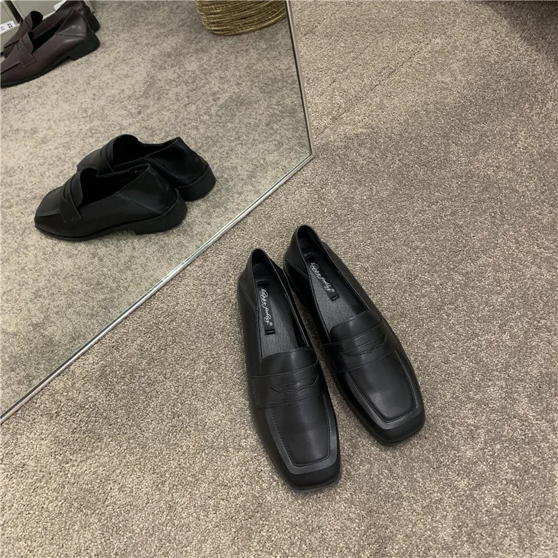 

Casual Woman Shoe Autumn British Style Slip-on Female Footwear Square Toe Oxfords Loafers With Fur Fall Preppy Slip On Dress Lea