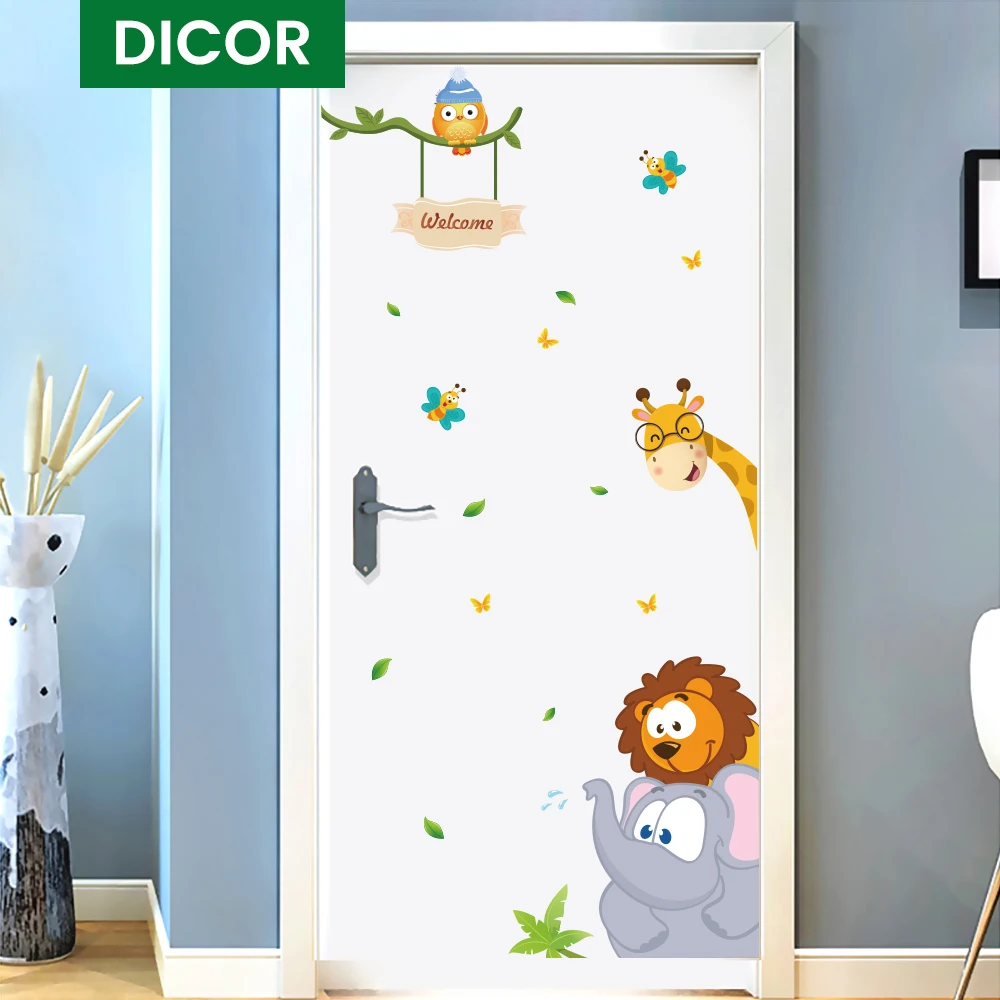 Мультяшные животные наклейки для двери украшения детской комнаты настенные