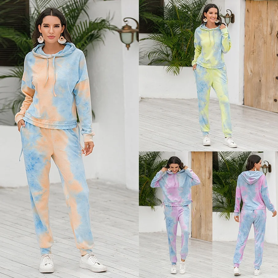

2020 Women Set Tie Dye Long Sleeve Top Shirt O Neck Pants Shorts with Pockets Tracksuit Two Piece Set Casual Outfit Lounge Wear
