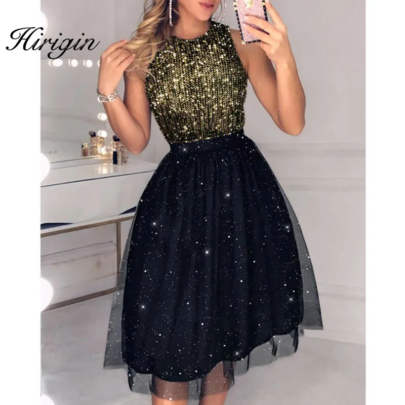 Платье из тюля без рукавов с блестками вечерние платья Для женщин лоскутное