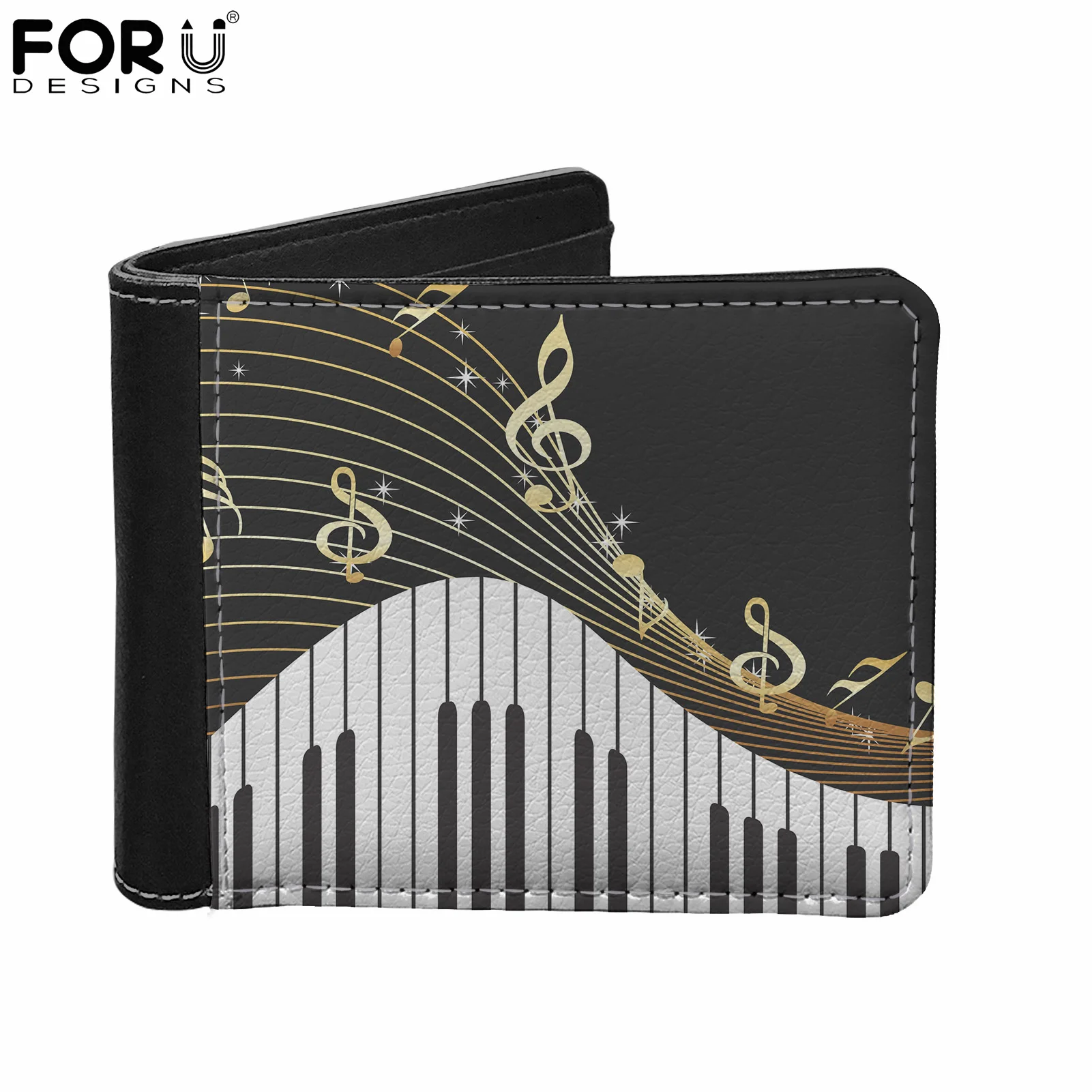 

FORUDESIGNS Hot PU Men's Leather Short Wallet Thin Money Clip Soft Multi-Card Holder Piano and Musical Notes Printing Male Purse