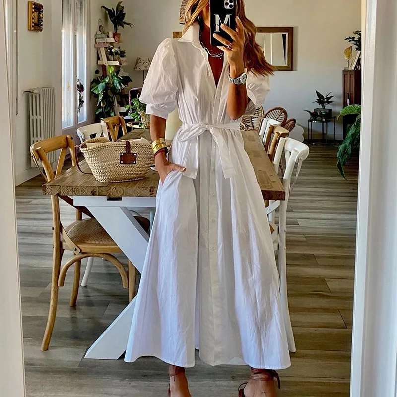 Элегантное белое платье рубашка с пышными рукавами винтажное Длинное Макси