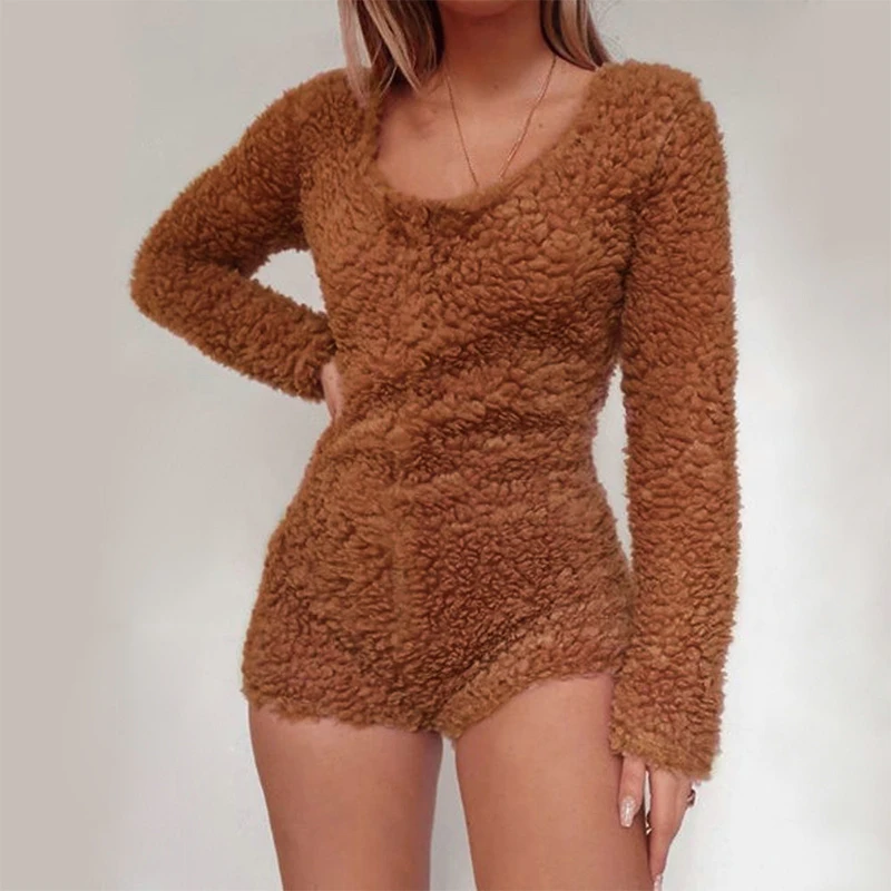 

Autumn Winter Teddy Plush Women Playsuits Casual O Neck Long Sleeve Slim Short Jumpsuits Ladies Warm Soft Bodycon Furry Rompers