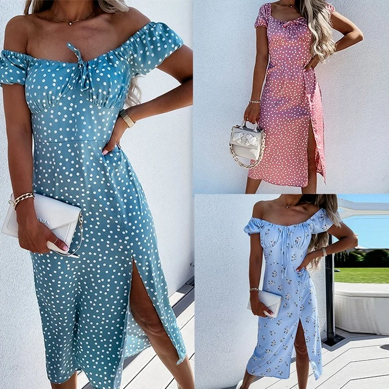 

Женское длинное платье в горошек, с коротким рукавом-фонариком и высоким разрезом