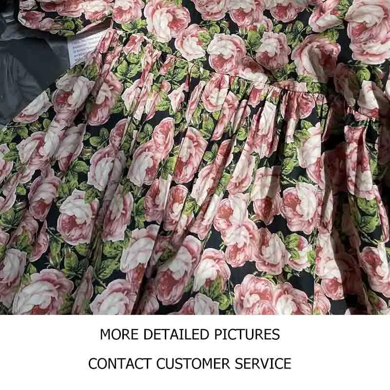 

Cosmicchic 2021 Summer High Waist Rose Printed Mini Dress For Women O-Neck Puff Short Sleeve Pleated Vintage Loose Female Dress
