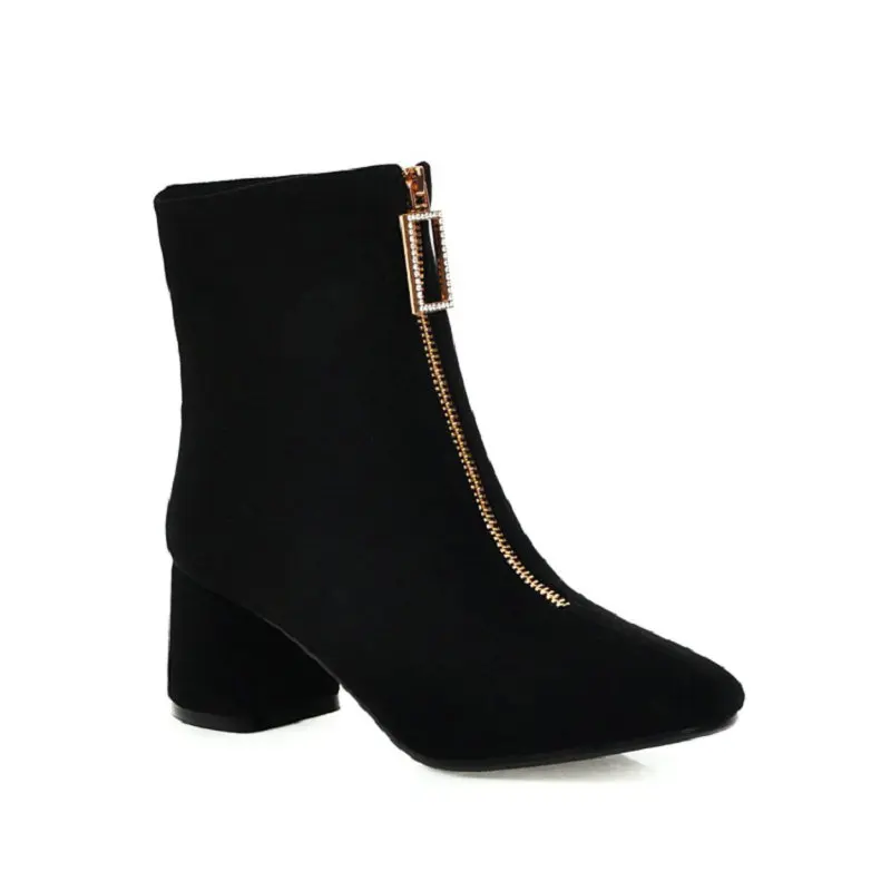 

Sianie Tianie good quality square toe flock woman boots zipper front chunky high heels red black women ankle boots size 45 46 47