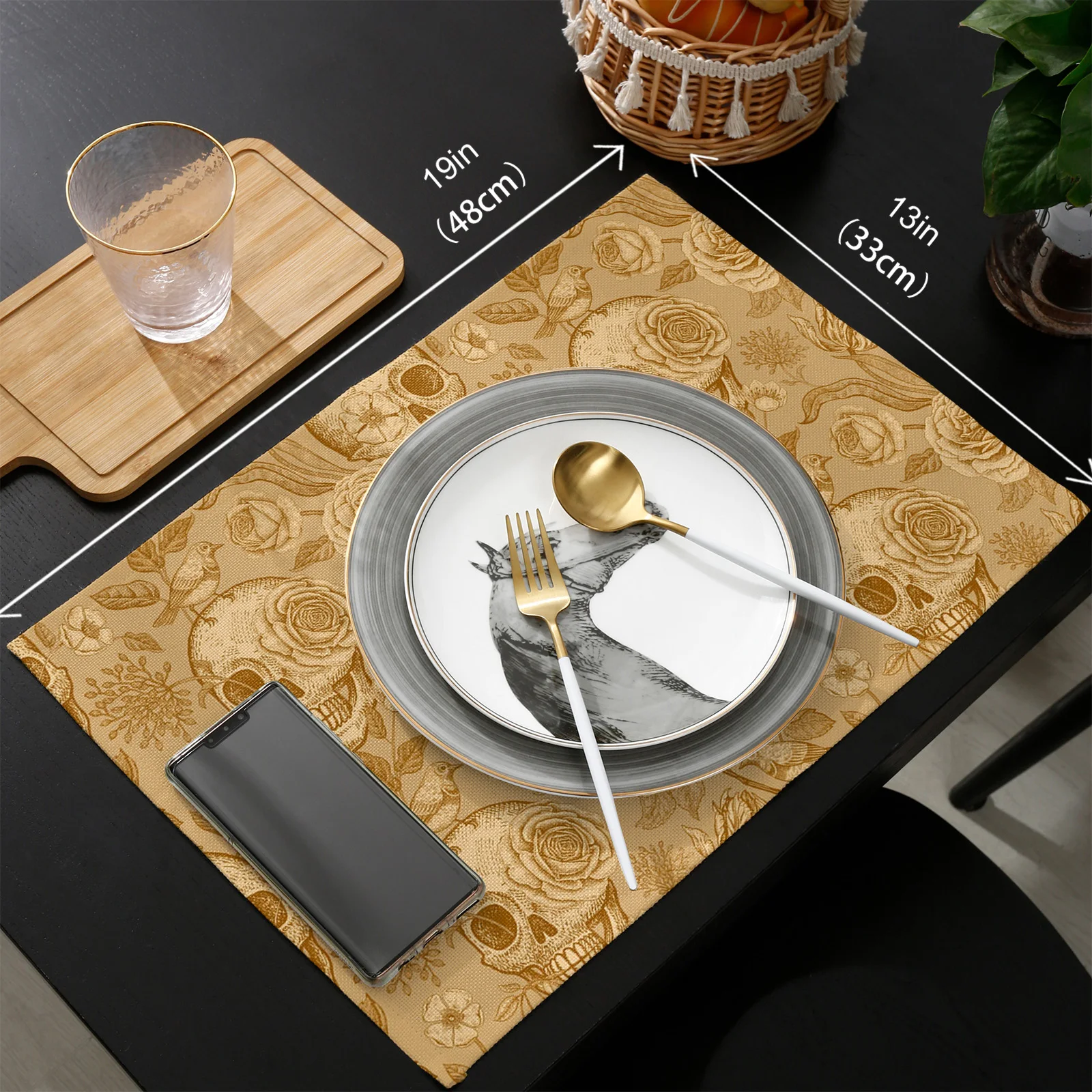 

Skull Flower Plant Table Runner Placemats Set Wedding Table Decoration Table Runner for Kitchen Dining
