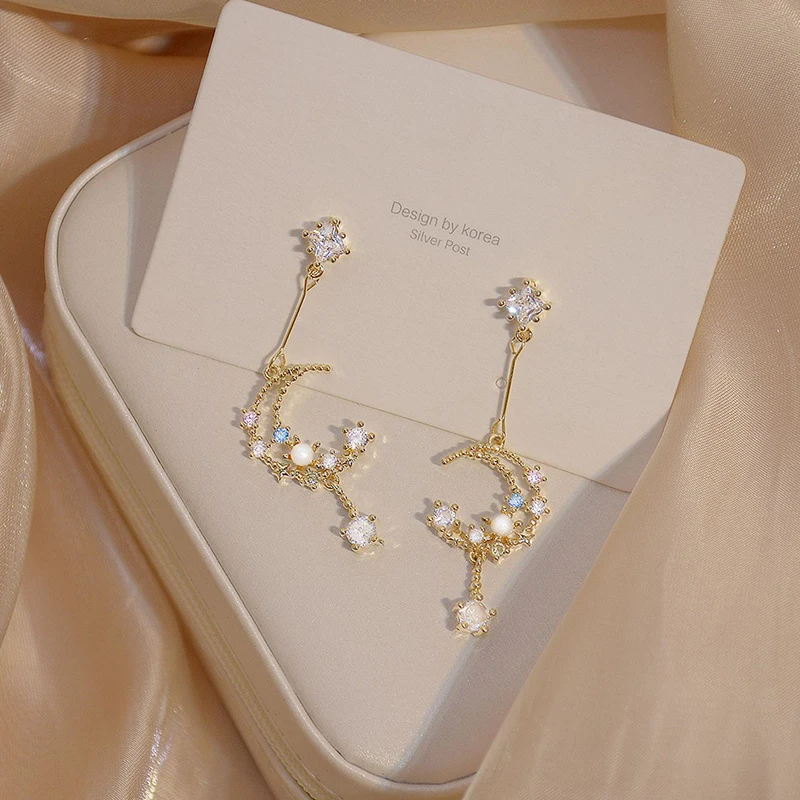 

Romantic Inlaid Colorful CZ Pearl Moon Women Earring Charm 14K Real Gold Transparent Zircon Drop Earring Daily Jewelry Pendant