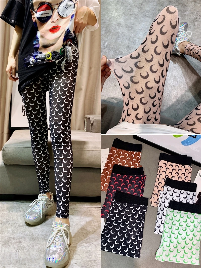 

Leggings Women Moon Print Mesh White Workout Leggings Summer Thin High Waist Ice Silk Ankle-length Pants Leginsy Damskie Legins