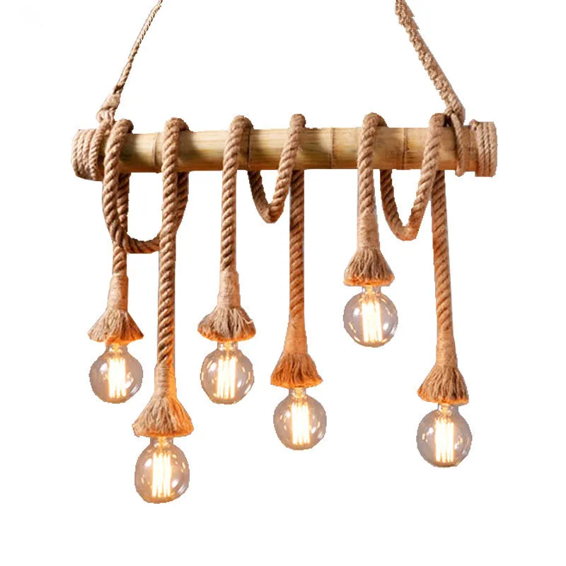 Luces colgantes cuerda de cáñamo y bambú estilo vintage con personalidad, lámpara para loft, cocina, cafetería, bar, decoración, madera