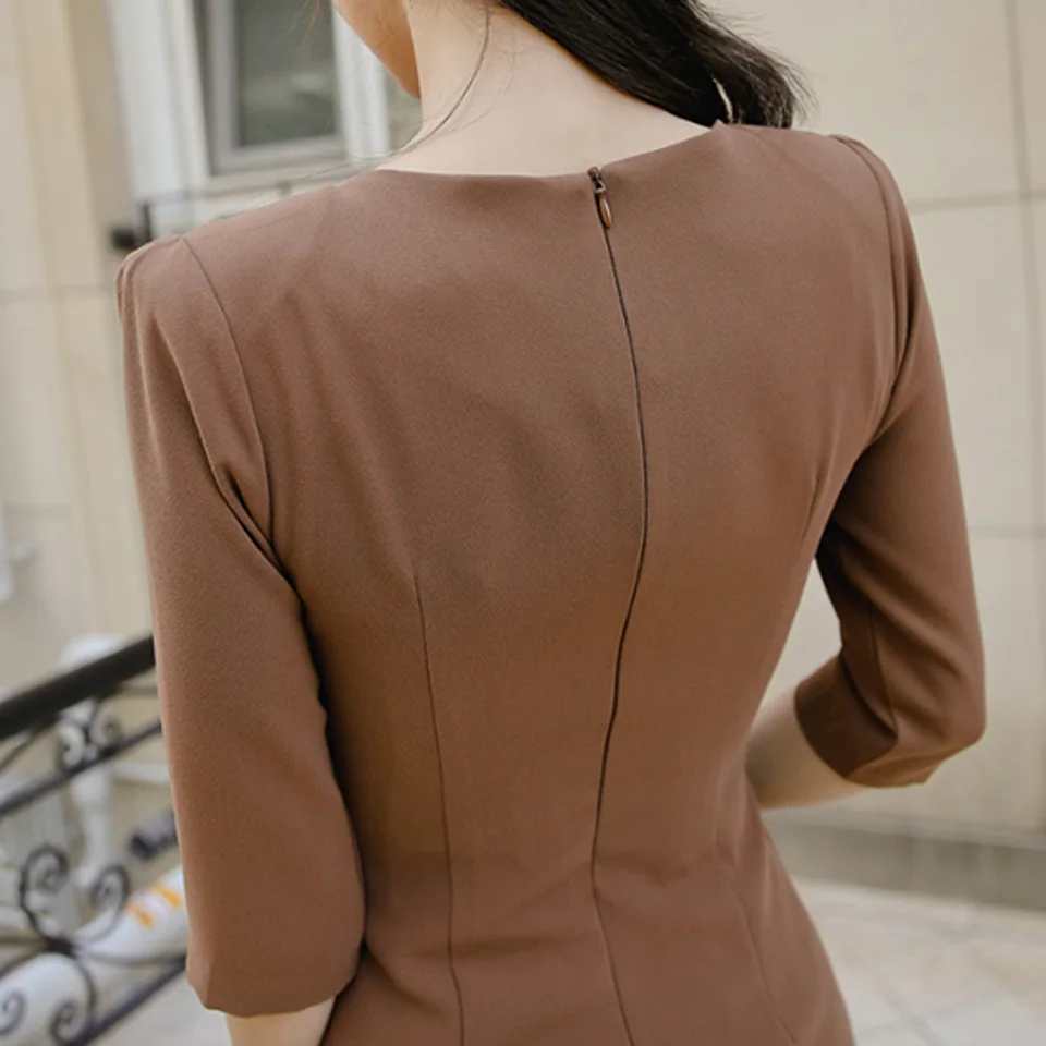 Plain Color Office Lady Dress Autumn Winter High Waist Slim Fit Half Sleeve Asymmetry Simple Elegant Party Dress Women
