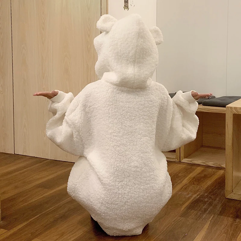 

Lucyever Sweet Little Bear Ear Furry Hooded Jacket 2020 Winter Keep Warm White Plush Coat Female Korean Style Leisure Sweatshirt