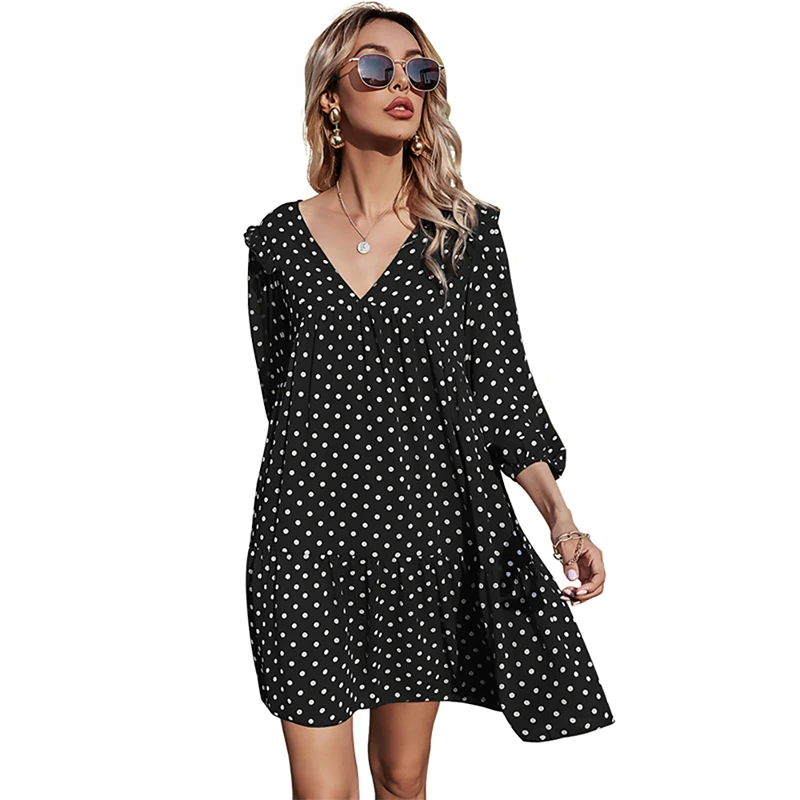 

2021 Summer Women Polka Dot Printed Mini Dress High Waist V-neck Three Quarter Sleeves Slim Loose Casual Ladies Dress