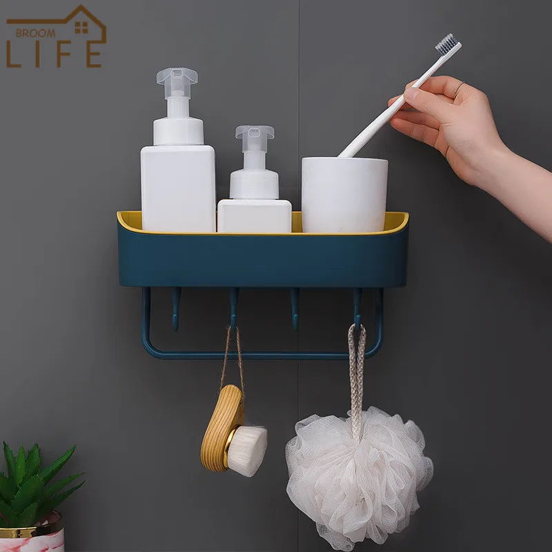 bathroom storage rack shelf with hooks towel holders shampoo bars shower shelf kitchen wall organizer rack bathroom accessories free global shipping