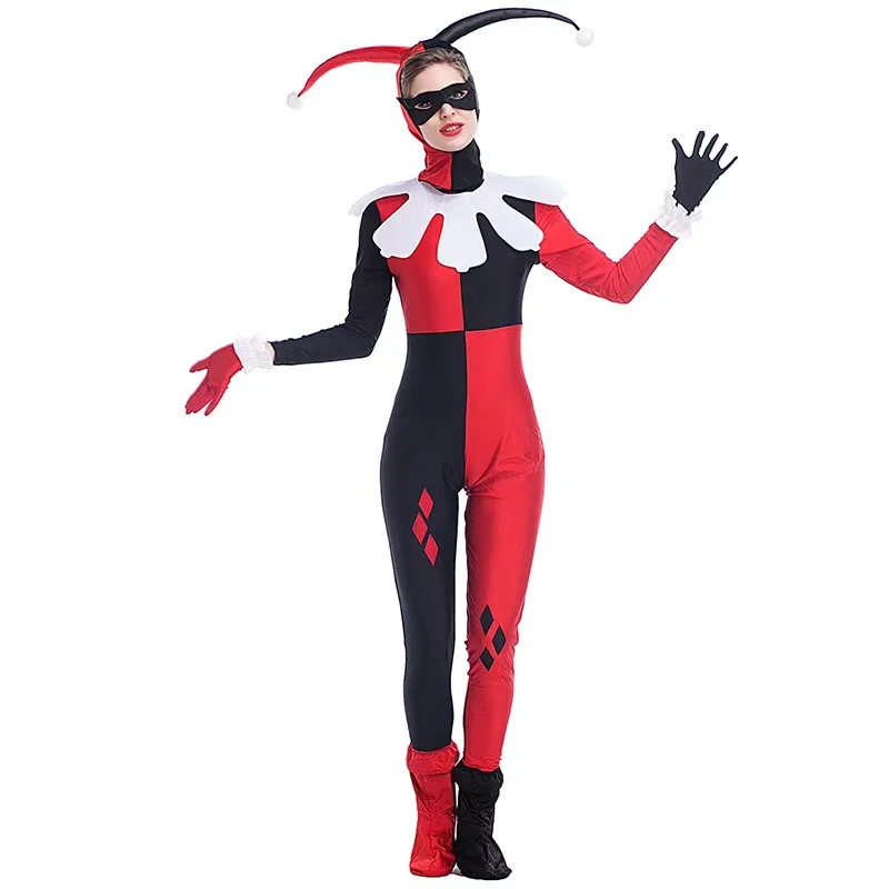

Women Halloween Droll Joker Jumpsuits Costumes Female Circus Clown Movie Cosplay Carnival Purim Nightclub Role Play Party Dress